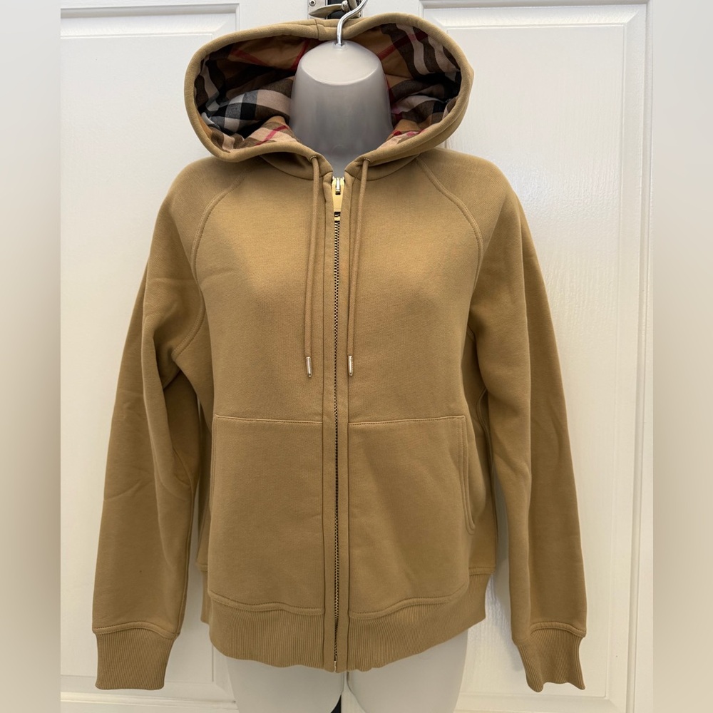 Burberry Tan Plaid-Lined Hooded Zip Up Jacket Sz M